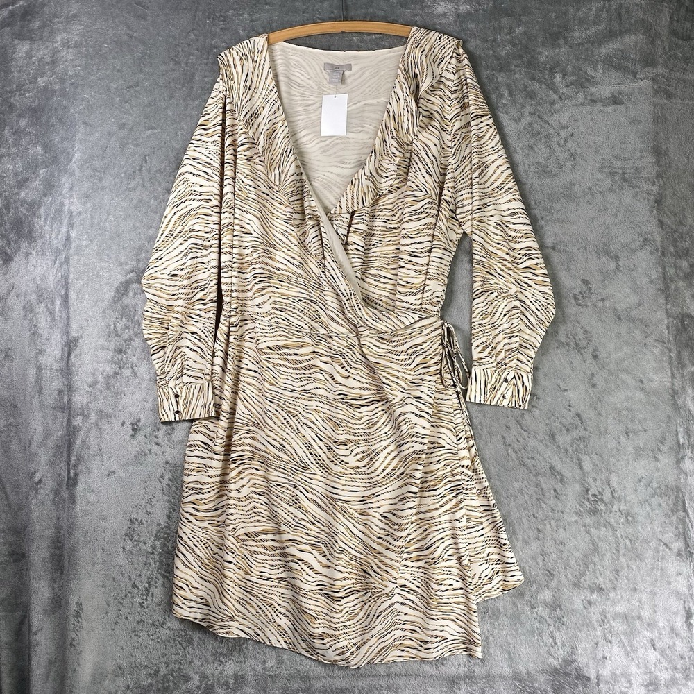 H&M Dress Womens Sz XXL Ivory Black Tan Wrap Tiger Stripe Long Sleeve Ruffle NWT